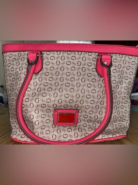 GUESS Signature Monogram Small Tote Bag Hot Pink Trim Tan Logo Purse